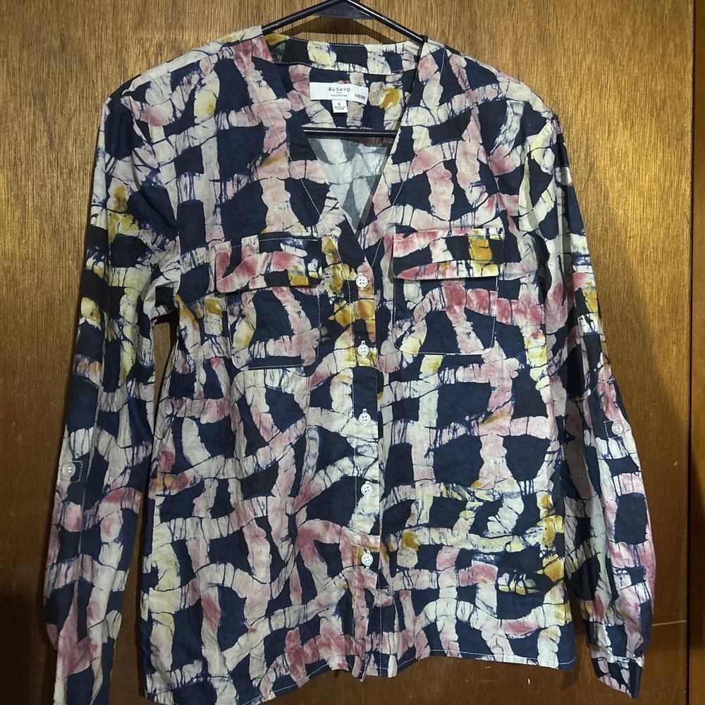 Busayo Top Shirt Size Small Roll Tab Long Sleeve Button Front Cotton Multicolor